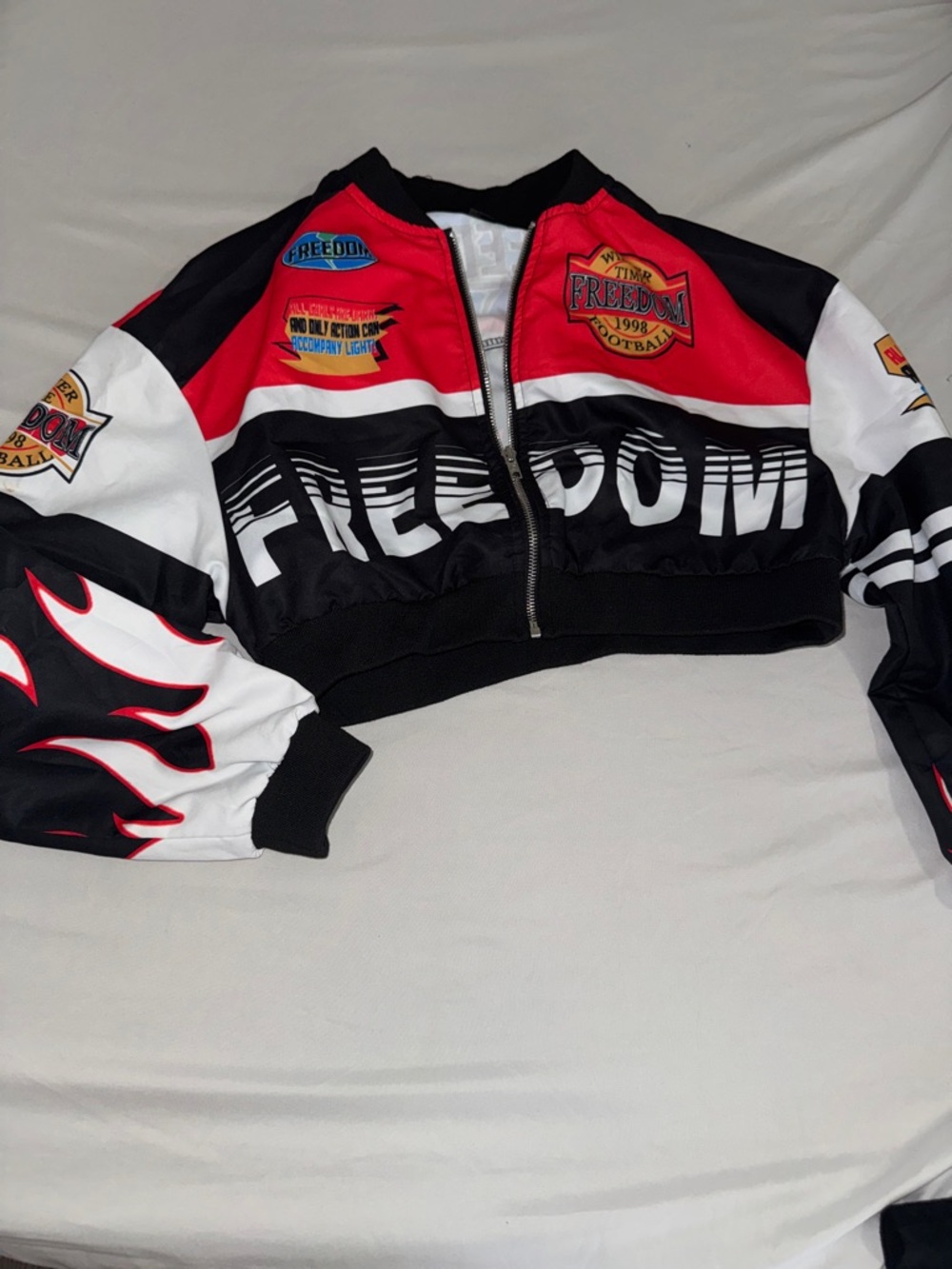 SHEIN Black Red White 'Freedom' Cropped Racing Jacket